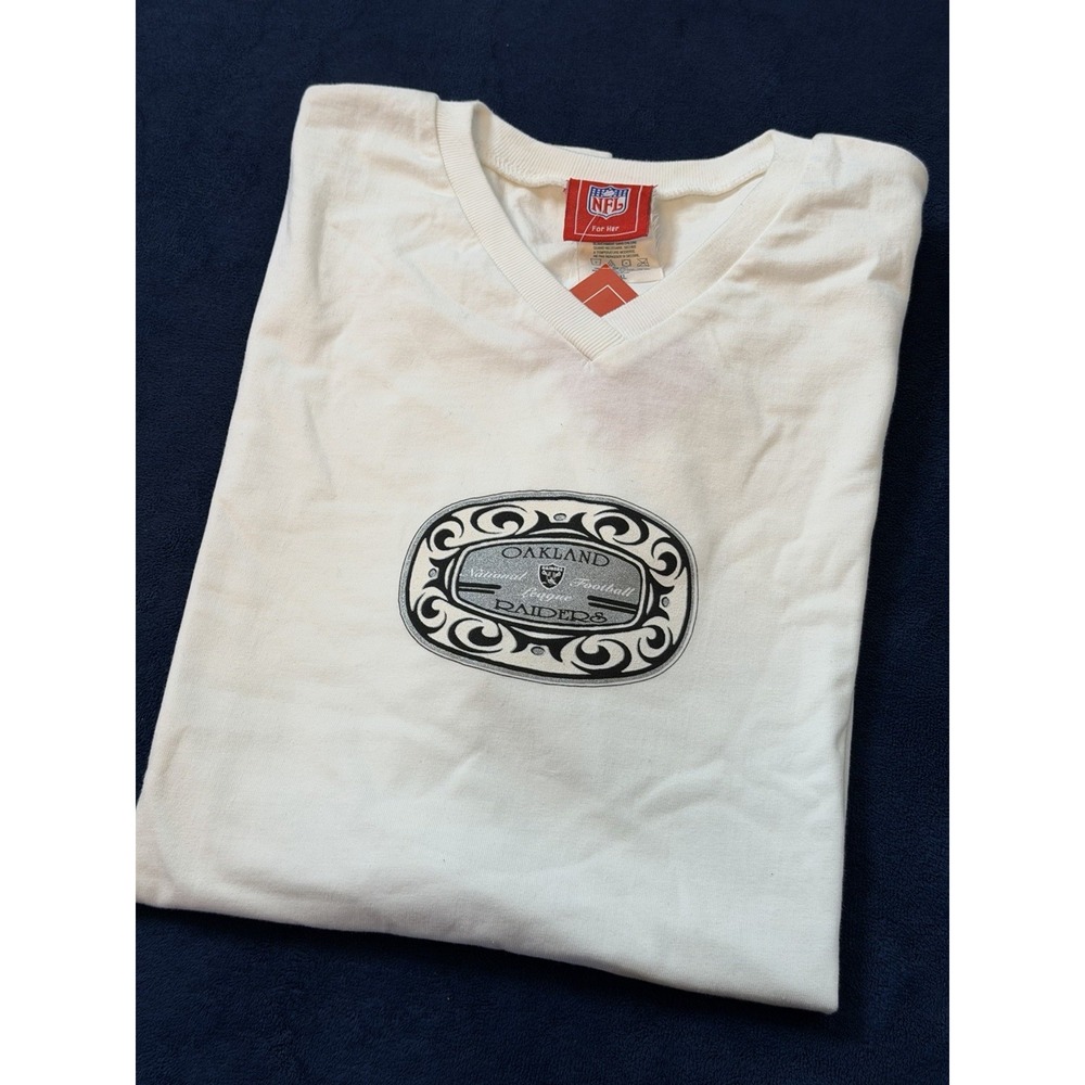 Vintage Oakland Raiders V-Neck T-Shirt Women Large NWT NFL Apparel White Sparkle
